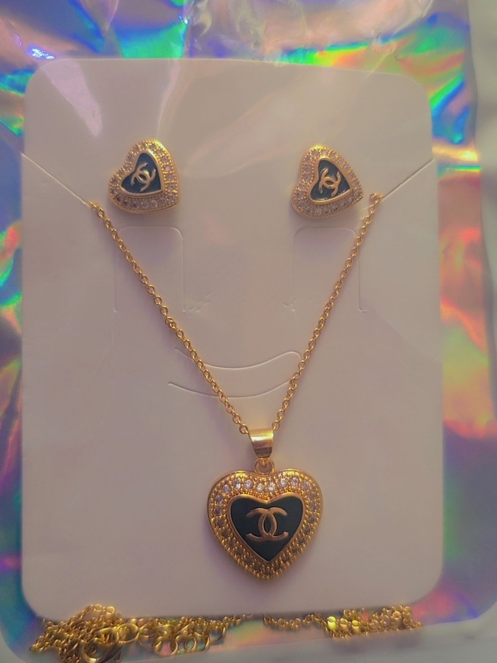 Gold Heart Necklace and Earring Set with Black Inlay